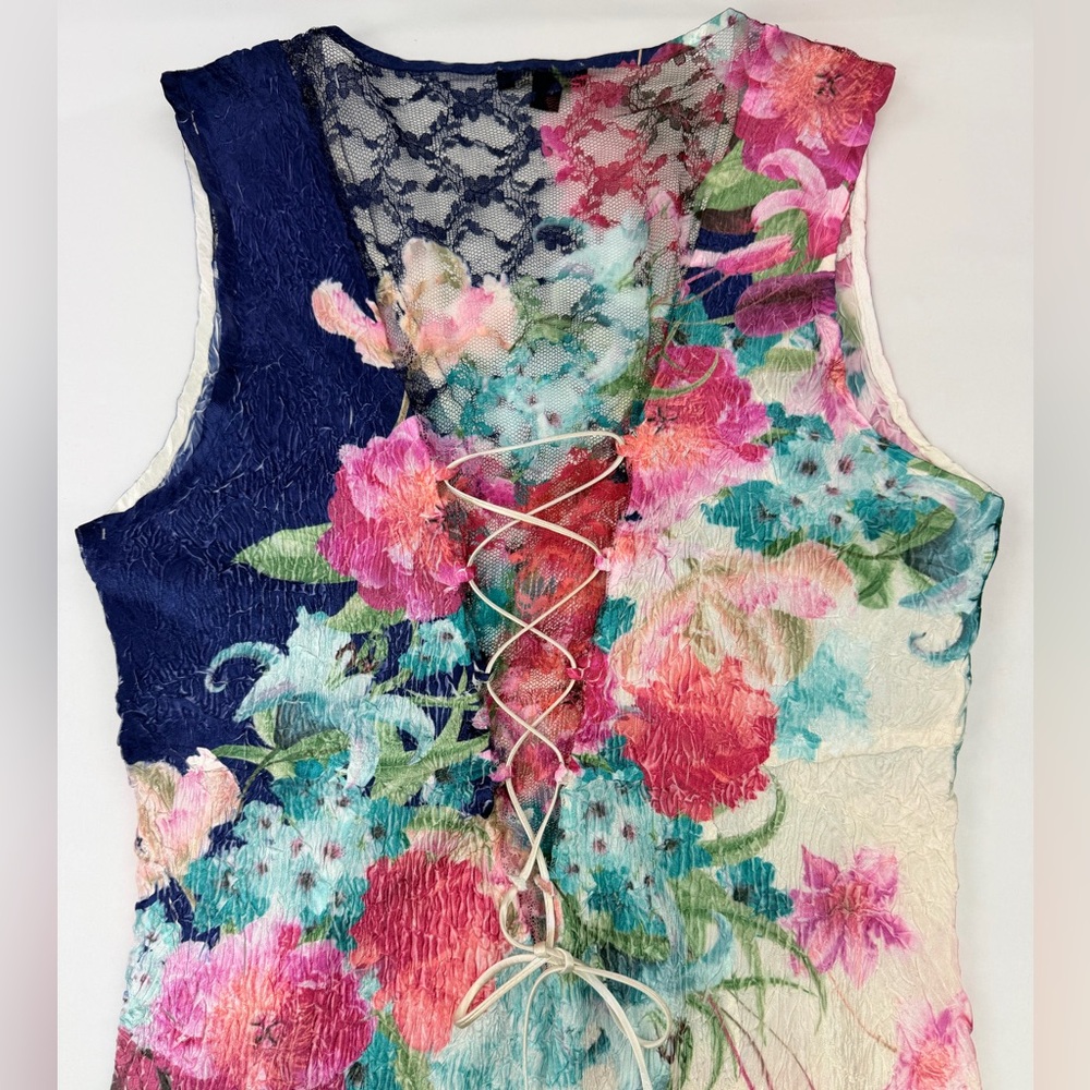 Komarov Floral Lace Maxi Dress Crinkle Satin Corset Back Cottagecore Romantic SM - Picture 12 of 15